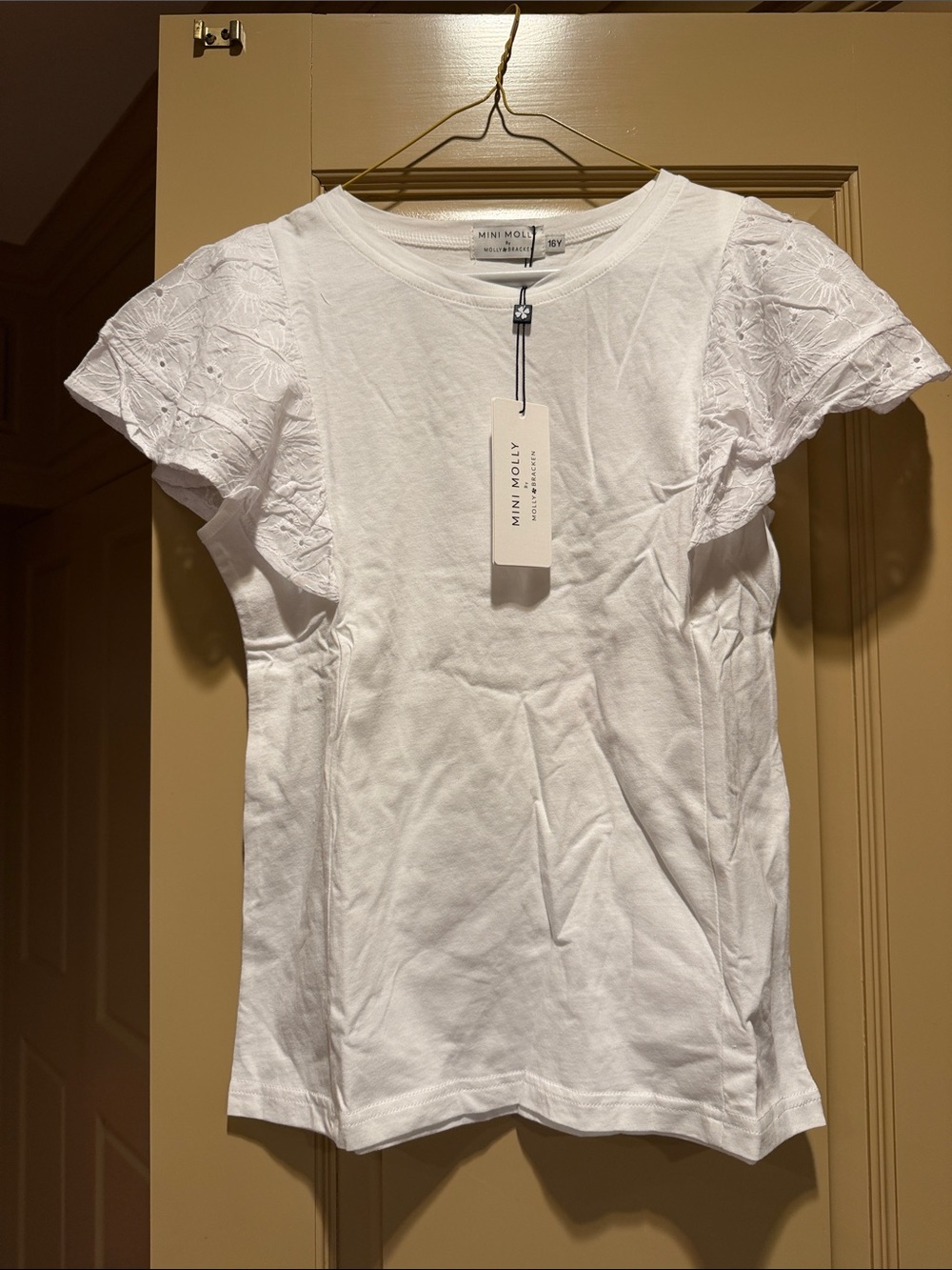 Girls Mini Molly White Eyelet Flutter Sleeve Tee
